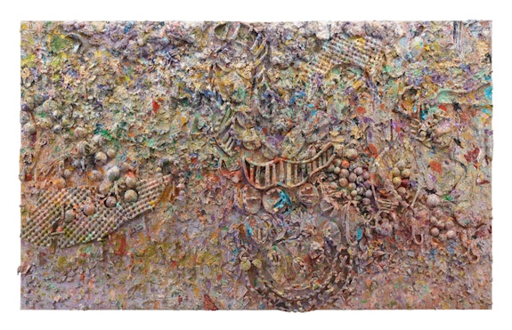 Larry Poons, <em>Grin (Fransisco)</em>, 1991. Acrylic and inert materials on canvas, 219.7 x 357.5 cm. Courtesy Roberto Polo Gallery.