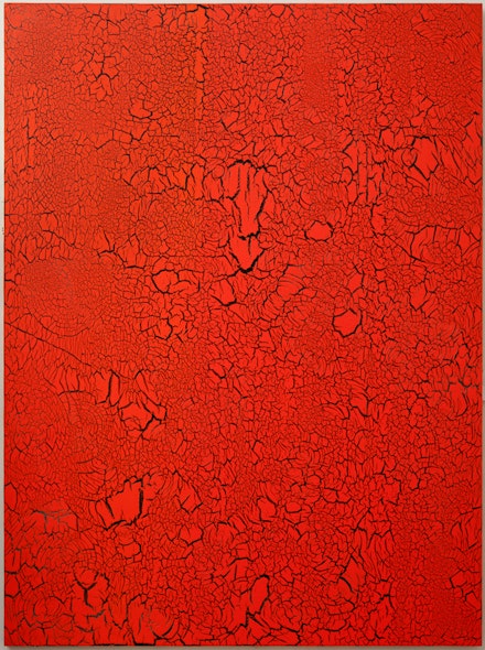 Ed Moses, <em>Orange Apr (Apricot on Black)</em>, 2011, mixed media on canvas, 259.1 x 193 cm. Courtesy Roberto Polo Gallery.