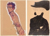 Left: Egon Schiele, <em>Nude Self-Portrait</em>, 1910. Watercolor and black chalk on wrapping paper. Albertina, Vienna. Right: Gustav Klimt, <em>Lady with Plumed Hat</em>, 1908. Ink, graphite, colored pencil, and watercolor on Asian paper. Albertina, Vienna. Courtesy the Museum of Fine Arts, Boston