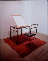 Duane Zaloudek, <em>Nomad Song</em>, 1993. Watercolor on JGreen watercolor paper in cherry wood box with unhinged lid on bronze table with bronze chair. Painting: 31 x 22 3/4 inches. Gallery Akire Ikeda, NYC.
