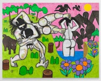 Carroll Dunham, <em>Any Day</em>, 2017. Urethane, acrylic and pencil on linen, 78 x 100 inches, 83 3/4 x 105 x 5/8 inches. © Carroll Dunham. Courtesy the artist and Gladstone Gallery, New York and Brussels.