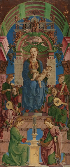 <p>Cosimo Tura, <em>The Virgin and Child Enthroned</em>, mid-1470s. Oil and egg on poplar, 239 x 101.6 cm. The National Gallery, London.</p>