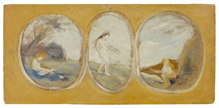 Louis Michel Eilshemius, <em>Three Nudes</em>, ca. 1909–13. Oil on paperboard mounted on fiberboard, 8 1/2 x 17 5/8 inches. Collection Caroline Bachmann and Stefan Banz, Switzerland, formerly Hirshhorn Museum and Sculpture Garden, Washington, D.C., Bequest of Joseph H. Hirshhorn.