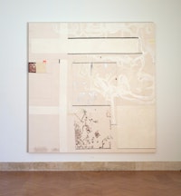 Joan Waltemath, <em>M’s Crossing (1,2,3,5,8 west)</em>, 2015 – 17. Oil, lead white, marble dust, haematite, copper, iron oxide, aluminum, interference, florescent, mica and phosphorescent pigment on prepared natural and black canvas sewn from individual pieces, 172 x 168 1/2 inches. Photo: Fars Owrang