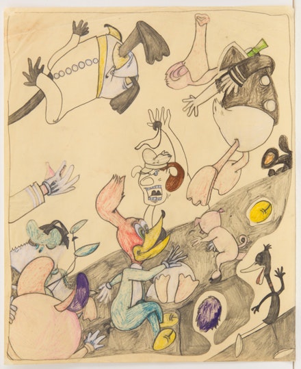Susan Te Kahurangi King (1951, New Zealand), untitled, Auckland, New Zealand, c. 1965, pencil and colored pencil on paper, 11 x 9 in. Collection of KAWS. Photo by Adam Reich, courtesy of Chris Byrne and Andrew Edlin Gallery, New York, © Susan Te Kahurangi King. 
