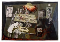 Sue Coe, <em>Baboon Heart Transplant</em>, 1985. Mixed media, oil, and collage on paper and canvas, 
52 x 77 inches. © Sue Coe. Courtesy Galerie St. Etienne, New York.
