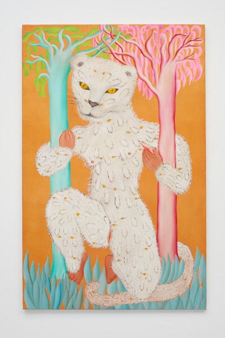 Cecilia Vicuña, <em>Leoparda de Ojitos</em>, 1976. Oil on cotton canvas, 55.375 x 35.5 inches.  Courtesy the artist and Lehmann Maupin, New York and Hong Kong.