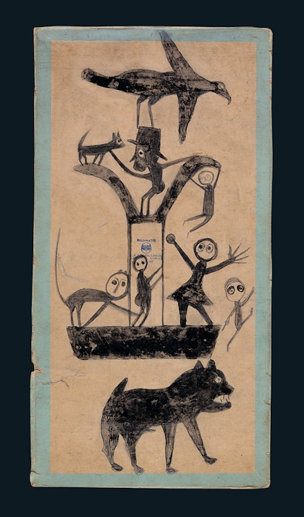 Bill Traylor (1853–1949), untitled (Figures and Construction with Blue Border), Montgomery, Alabama, United States, c. 1941, poster paint and graphite on cardboard, 15 1/2 x 8 in., American Folk Art Museum, New York, gift of Charles and Eugenia Shannon, 1991.34.1. Photo by John Parnell, American Folk Art Museum.