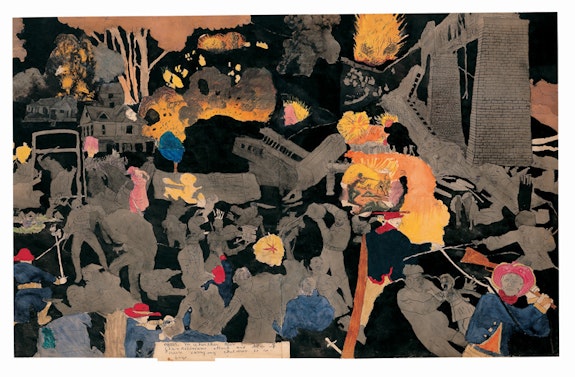 Henry Darger (1892–1973), <em>After M Whurther Run Glandelinians attack and blow up train carrying children to refuge.</em> (double-sided), Chicago, Illinois, c. 1950, watercolor, pencil, carbon tracing, and collage on pieced paper, 23 x 36 3/4 in., American Folk Art Museum, New York, gift of Sam and Betsey Farber, 2003.8.1B. Photo by Gavin Ashworth, American Folk Art Museum, © Kiyoko Lerner.