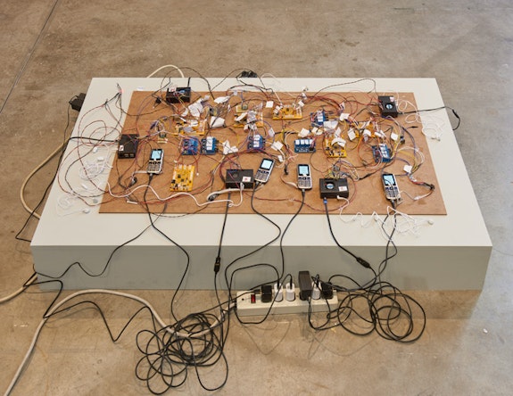 Shadi Habib Allah, <em>Did you see me this time, with your own eyes? </em>(detail), 2018. Raspberry Pi computers, Z-Line phones and chargers, microcontrollers, video with sound. Dimensions variable. Courtesy the artist, Green Art Gallery, Dubai and Rodeo, London. Photo: Kyle Knodell.