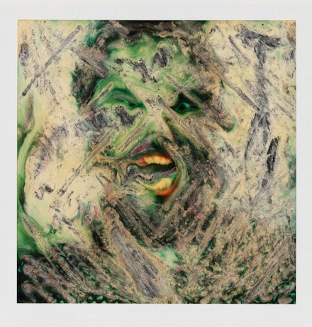 Lucas Samaras, <em>Photo-Transformation 10/30/73</em>. Instant dye diffusion transfer print (Polaroid SX-70, manipulated) 3 1⁄8 x 3 1⁄16 inches. Courtesy Craig F. Starr Gallery.