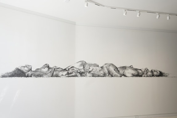 Phoebe Boswell, <em>Take Me To The Lighthouse</em>, 2018. Charcoal on wall; site-specific installation executed by the artist, 214.5 inches x 19 inches. Courtesy Sapar Contemporary and the artist.
