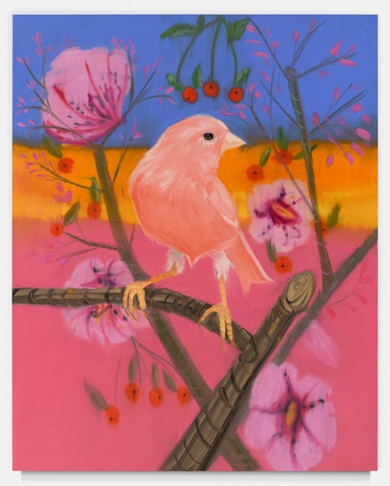 Ann Craven, <em>Pink Canary (Stepping Out, on Pink Sunset), 2018</em>, 2018. Oil on canvas, 90 x 72 inches. Courtesy Karma.