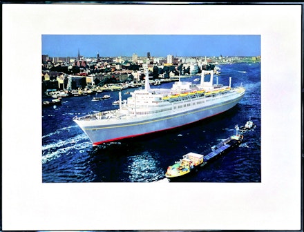 Malcolm Morley, <em>SS Amsterdam in front of Rotterdam</em>, 1966. Liquitex on canvas, 63 1/2 by 83 1/2 inches.  Private collection. Courtesy the estate of Malcolm Morley and Sperone Westwater, New York.