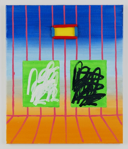 Jason Stopa, <em>Two Abstractions on a Stage</em>, 2018. Oil on canvas, 26 x 20 inches. Courtesy Steven Harvey Fine Art Projects.