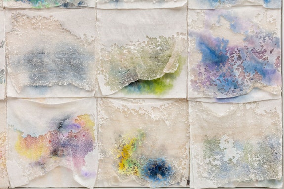 Liza Lou, <em>Pyrocumulus</em> (detail), 2018. Oil paint on woven glass beads on canvas, 55 3/4 x 56 1/4 x 3 inches. Photo: Joshua White. Courtesy the artist and Lehmann Maupin, New York and Hong Kong.