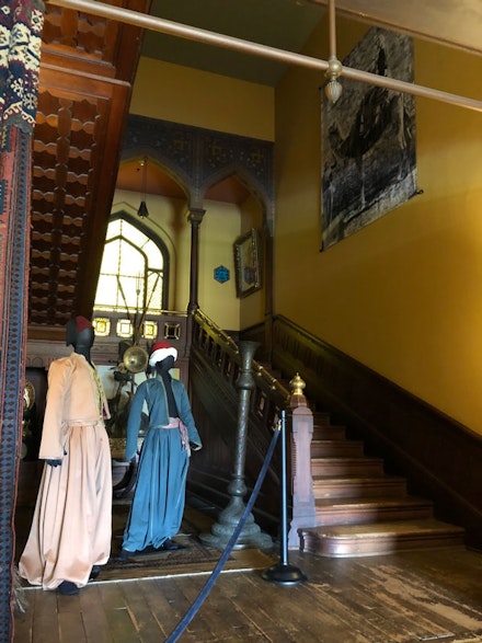 <p>Mid-19th century clothing from the Olana collection and Cornell University Costume and Textile Collection on mannequins in the Court Hall at Olana. Photo: © Jason Rosenfeld.</p>