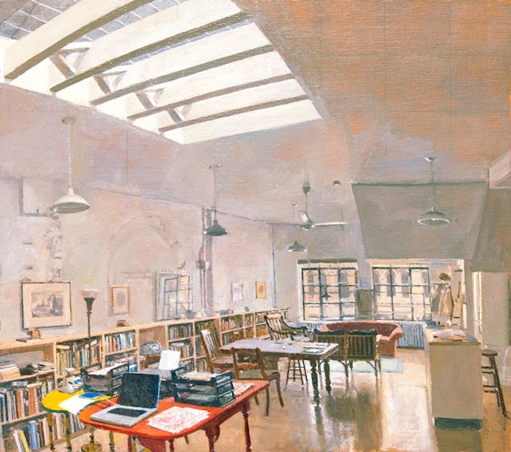 Rackstraw Downes, <em>Skylit Loftspace, NYC (standing)</em>, 2015. Oil on canvas, 24 x 27 inches. Courtesy Betty Cuningham.