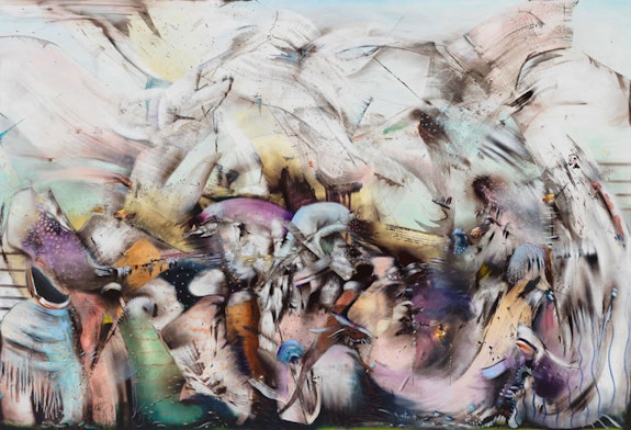 Ali Banisadr, <i>The World Upside Down</i>. Oil on linen, 82 x 120 inches. Courtesy the artist and Blain|Southern, London and Berlin.
