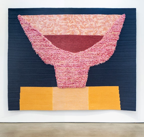 Amanda Valdez, <em>Full Tanit</em>, 2018. Wool, linen, chenille, cotton, 112 x 96 inches. Courtesy Denny Dimin Gallery.