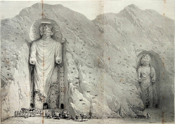 Buddhas of Bamiyan, engraving from Alexander Burnes's <em>Travels into Bokhara</em>, 1834.