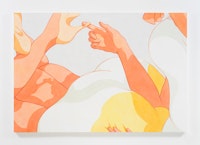 Ivy Haldeman, <em>Colossus, Ankles Cross, Hand Hooks Heel, Finger Tips Press Bun</em>, 2018. Acrylic on canvas, 58 x 84 inches. Courtesy Downs & Ross.