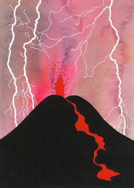 <sp>Ken Price, <em>Eruption and Lava Flow</em>, 2003. Acrylic and ink on paper, 9 x 5 inches. © Estate of Ken Price, Courtesy Matthew Marks Gallery.
	
		
</sp>