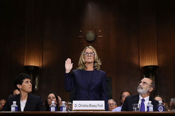 Christine Blasey Ford testifies during Supreme Court Nominee Brett Kavanaugh’s confirmation hearing, September 27, 2018. Photo: Win McNamee/Pool via Bloomberg/Getty Images.
