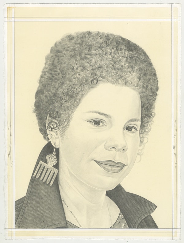 Portrait of Firelei Báez, pencil on paper by Phong Bui. Based on a photo by Lia Clay.
