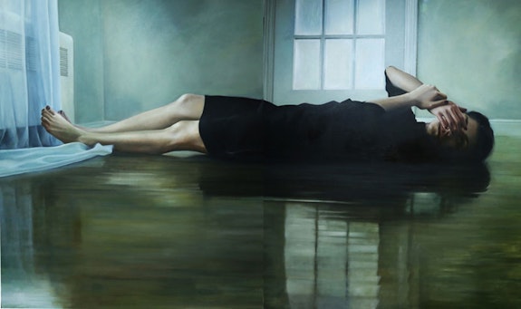 Bahareh and Farzandeh Safarani, <em>Awake</em>, 2018. Oil on canvas and video projection, 172 x 72 inches, Courtesy Elga Wimmer.