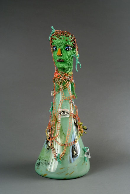 Joyce J. Scott, <em>Celadon II</em>, 2010. Blown, fused, painted and flame worked glass, glass beadwork, thread and wire, 30 x 10 x 10 inches. Courtesy the artist and Peter Blum Gallery, New York. 