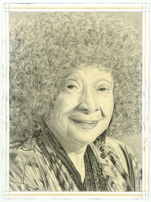 Portrait of Joyce J. Scott, pencil on paper by Phong Bui.