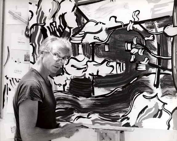<p>Roy in his 29th Street studio working on <em>Red Barn Through the Trees</em> (1984), 1984. Photograph by Robert McKeever. Artwork © Estate of Roy Lichtenstein. Courtesy The Roy Lichtenstein Foundation Archives.</p>