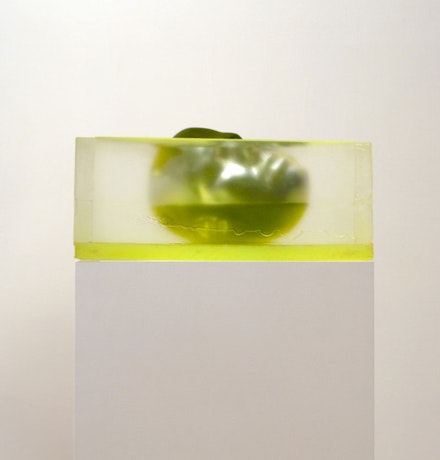 Rona Pondick, <em>Floating Green</em>, 2015-2017. Pigmented resin and acrylic, 8 3/8 x 17 1/8 x 17 1/8 inches. Courtesy Marc Straus Gallery.