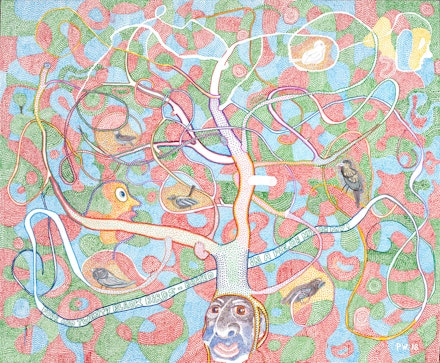 Peter Williams, <em>Four and Twenty Blackbirds</em>, 2018. Oil-based enamel and pencil on canvas, 60 x 72 inches. Image courtesy of the artist and Luis De Jesus Los Angeles.