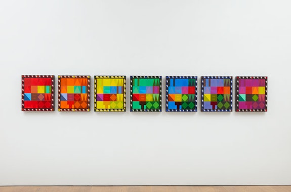 Jeffrey Gibson, <em>I AM A RAINBOW TOO</em>, 2018. Acrylic on canvas, glass beads, and artificial sinew inset into wood frame, 7 parts, 21.5 x 19 inches. © Jeffrey Gibson. Courtesy the artist; Sikkema Jenkins & Co., New York; Kavi Gupta, Chicago; and Roberts Projects, Los Angeles.