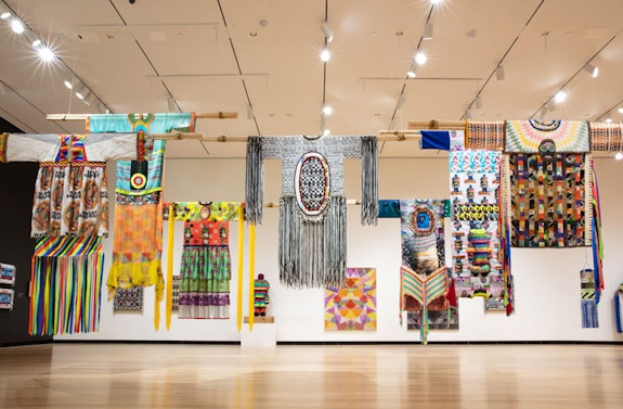 Jeffrey Gibson:<em> This Is the Day,</em> 2018. Installation view, the Ruth and Elmer Wellin Museum of Art at Hamilton College, Clinton, NY. Courtesy the artist and the Wellin Museum of Art. Photo: John Bentham. 
