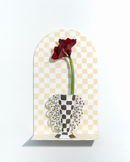 Emily Mullin, <em>Pleasure Palace</em>, 2018. Ceramic vessel, painted steel, flora, 30 x 18 x 8 inches. Courtesy the artist and Jack Hanley Gallery.