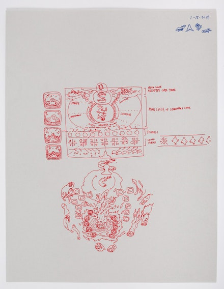 <p>Ian Cheng, <em>BOB: Production Drawings</em>,2018-2019. Ink on gray stock,double-sided, 8.5 x 11 inches. Courtesy the artist and Gladstone Gallery, New York and Brussels.</p>