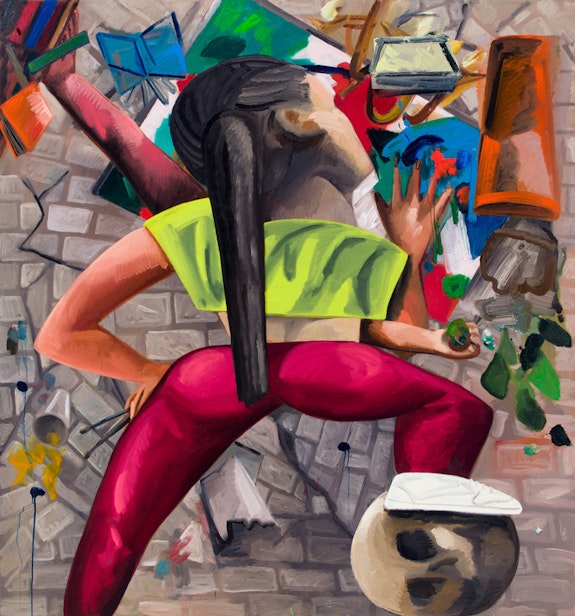 Dana Schutz, <em>Painting in an Earthquake</em>, 2018. Oil on canvas, 94 x 87 3/4 inches. Courtesy the artist and Petzel, New York.

