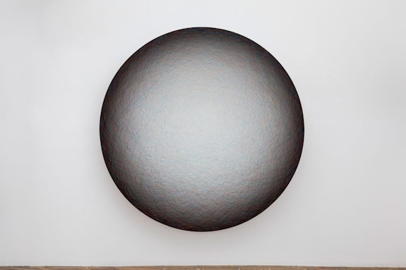 Emil Lukas, <em>twin orbit north</em>, 2018. Thread over painted wood, aluminum and plaster frame 79 1/2 x 79 1/2 x 13 inches.  © Emil Lukas, courtesy Sperone Westwater, New York.