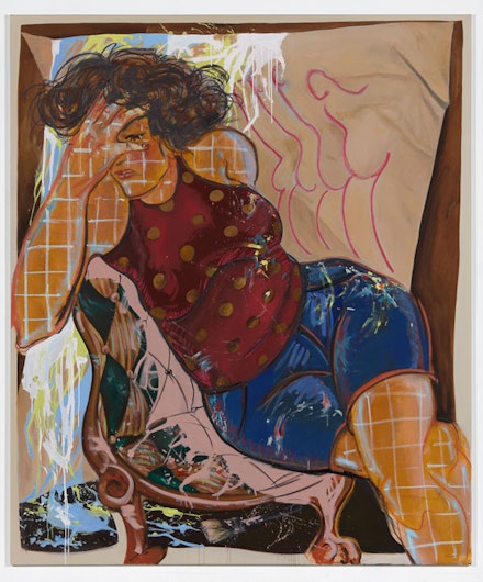 Ella Kruglyanskaya, <em>Splatter</em>, 2018. Oil on linen, 89 x 75 inches. Courtesy the artist and Gavin Brown's enterprise, New York / Rome.