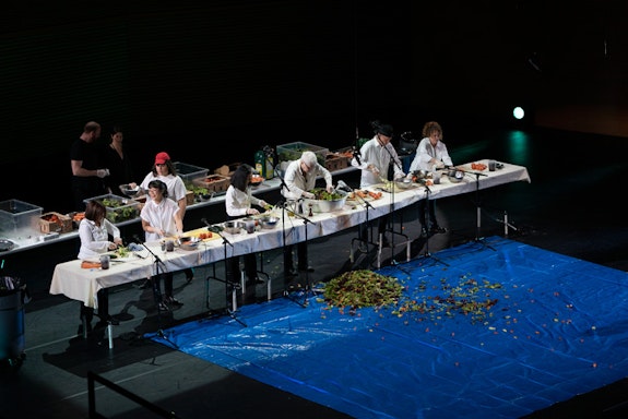 Alison Knowles, at center with a large mixing bowl, performs her <em>Proposition #2: Make a Salad</em> (1962/2019) at Walt Disney Concert Hall as part of the LA Phil's Fluxus Festival. Photo by Ian Byers-Gamber courtesy of the LA Phil