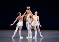 Taylor Stanley with Tiler Peck, Indiana Woodward, and Brittany Pollack in George Balanchine's <em>Apollo</em>. Photo: Erin Baiano.