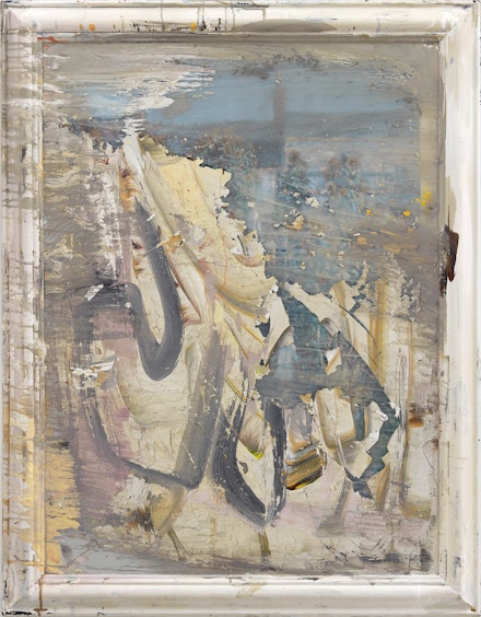 Katy Moran, <em>Mole</em>, 2018. Acrylic on glass on found painting, 36 1/4 x 28 3/8 inches. Courtesy Sperone Westwater, New York.
