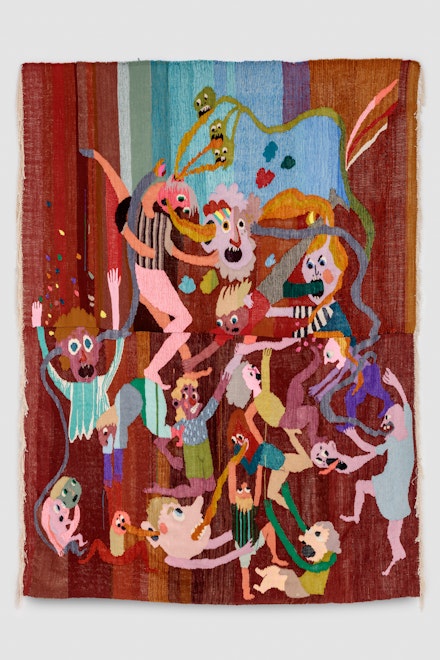 Christina Forrer, <em>Untitled (brown background)</em>, 2018. Cotton, wool, linen, silk and watercolor, 123 x 88 inches. Courtesy Luhring Augustine.