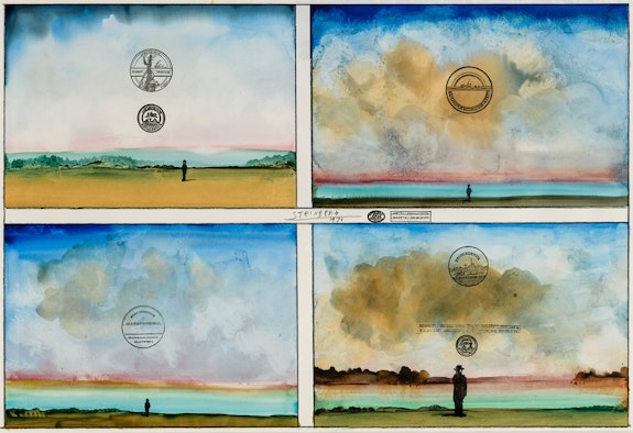 Saul Steinberg, <em>Four Sunsets</em>, 1971. Oil, watercolor, and stamps on paper, 20 x 30 inches. Courtesy Totah Gallery.