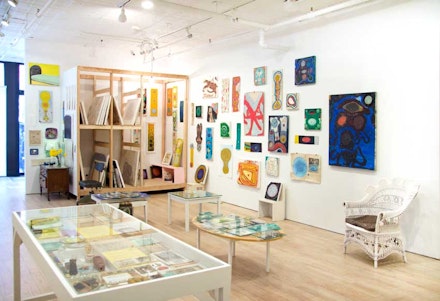 Installation view: <em>Sharon Horvath: Where Owls Stare at Painting’s Busted Eyeballs {Paintings and Studio Objects)</em>, Pierogi, New York, 2019. Courtesy the artist and Pierogi.