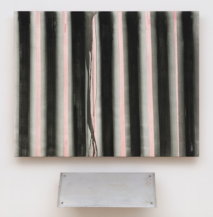 Moira Dryer, <em>Pop</em>, 1989, 2 parts: acrylic and wood, and steel. Acrylic/wood: 48 x 61 inches. Steel Plate: 31 x 13 inches. Courtesy of Van Doren Waxter.
