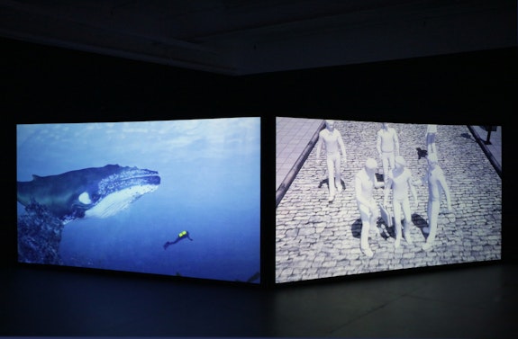 Peggy Ahwesh, <em>Verily! the Blackest Sea, the Falling Sky</em>, 2017. Two-channel HD video, 9 minutes 22 seconds. Courtesy the artist and Microscope Gallery.